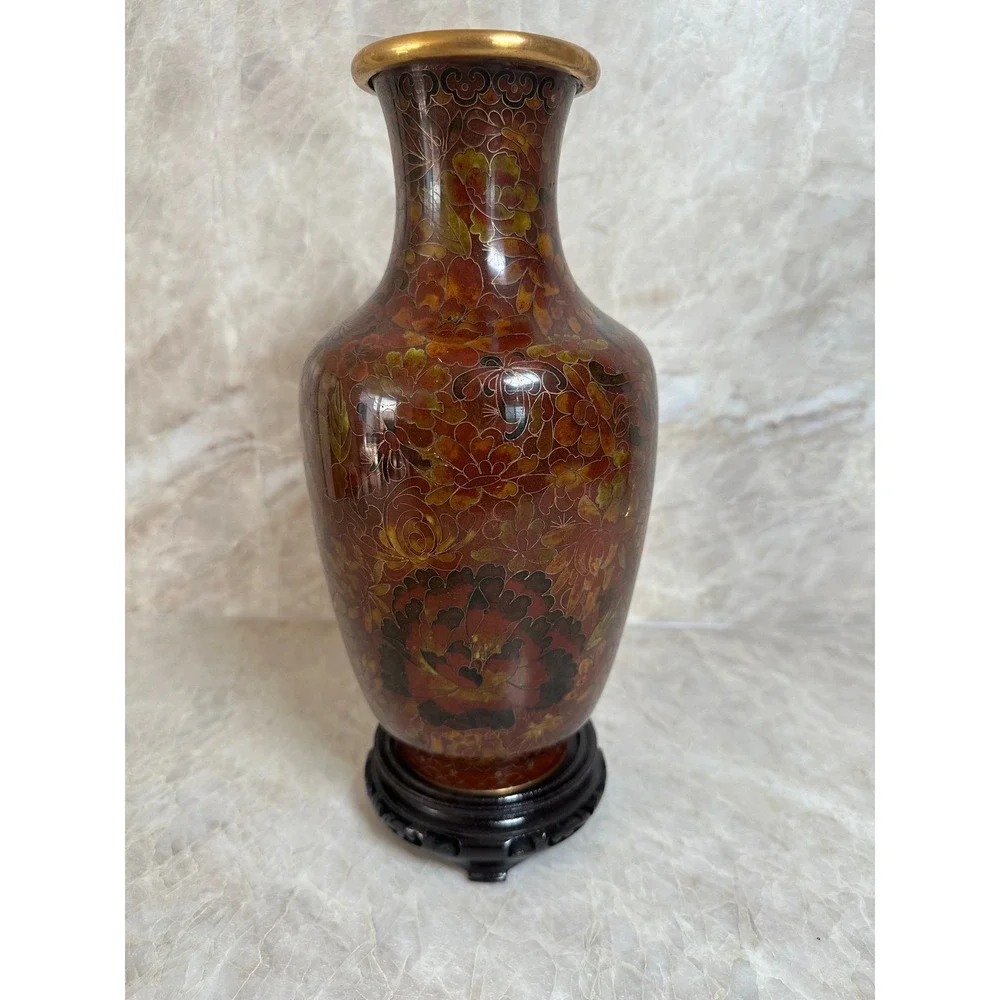 Vintage Chinese Cloisonne Enamel Floral Vase Red Gold Peony with Wood Stand